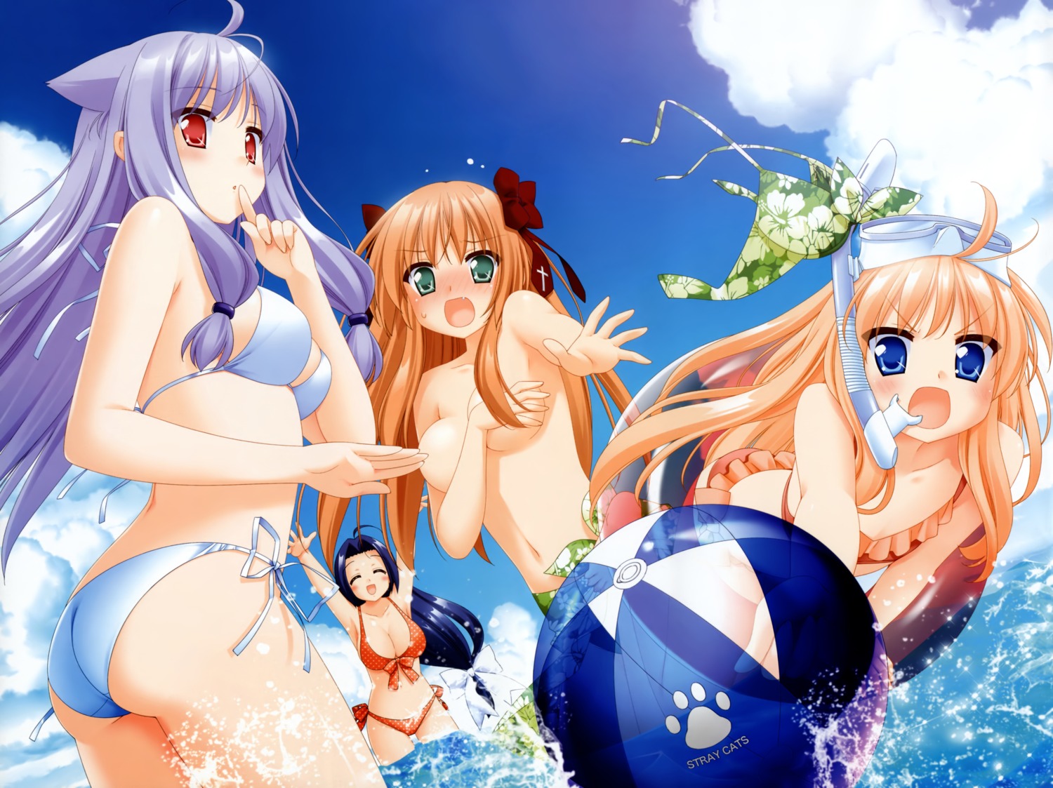 animal_ears bikini breast_hold cleavage kani_biimu kiriya_nozomi mayoi_neko_overrun serizawa_fumino swimsuits topless tsuzuki_otome umenomori_chise wardrobe_malfunction