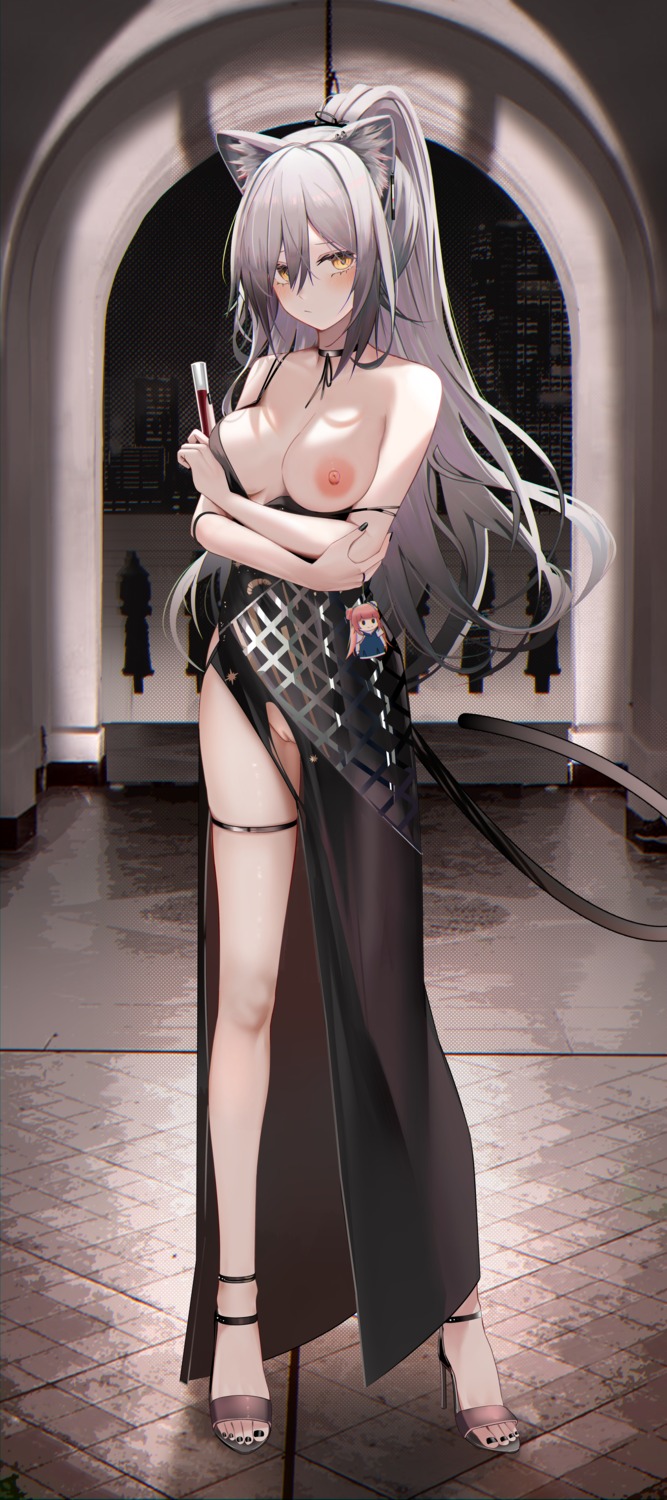 animal_ears arknights breasts chibi dress garter heels nipples no_bra nopan pussy ru_zhai schwarz_(arknights) see_through tail uncensored