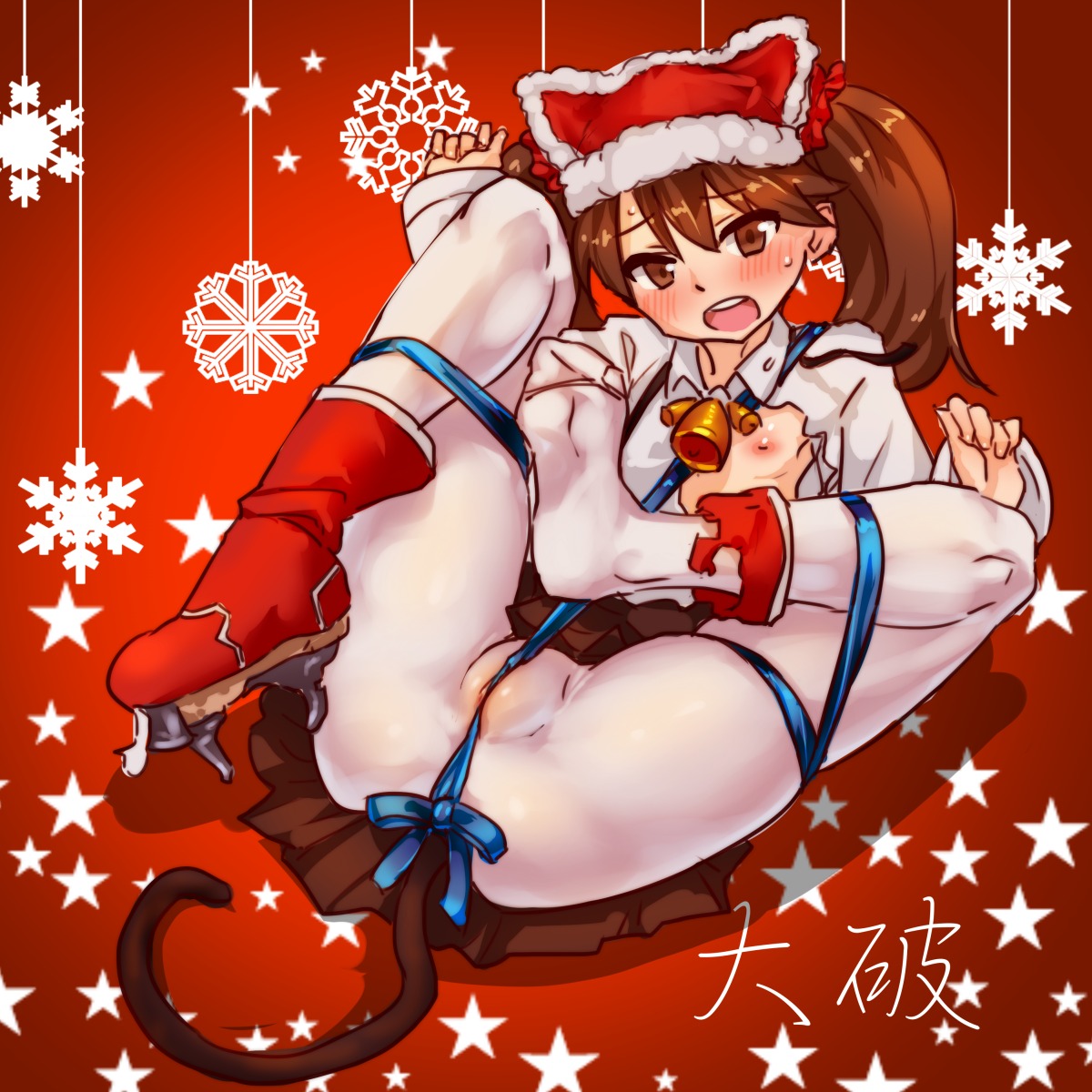 christmas kantai_collection loli nipples no_bra nopan open_shirt pantyhose pussy ryuujou_(kancolle) tail torn_clothes yamada_(gotyui)