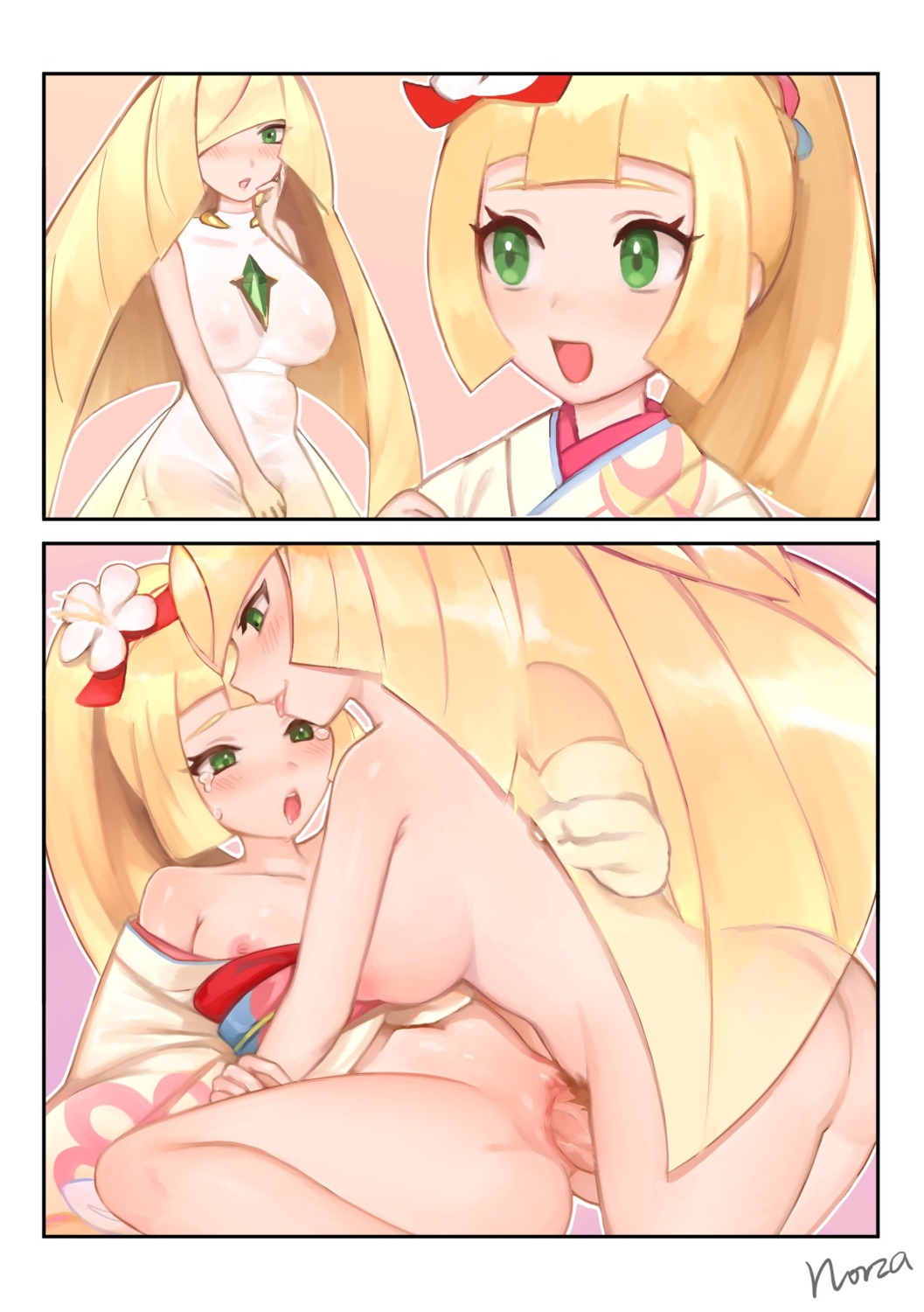 ass bottomless dress futanari japanese_clothes lillie_(pokemon) lusamine_(pokemon) nipples no_bra nopan norza open_shirt pokemon pokemon_sm pokemon_usum pubic_hair pussy see_through sex uncensored