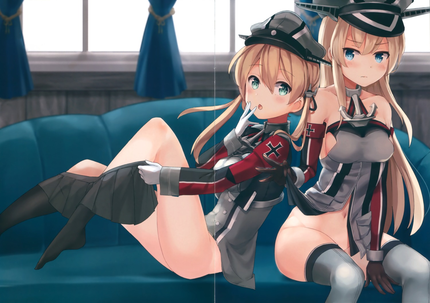 bismarck_(kancolle) bottomless crease fixme kantai_collection monoto no_bra nopan prinz_eugen_(kancolle) shirt_lift thighhighs undressing uniform uramonoya