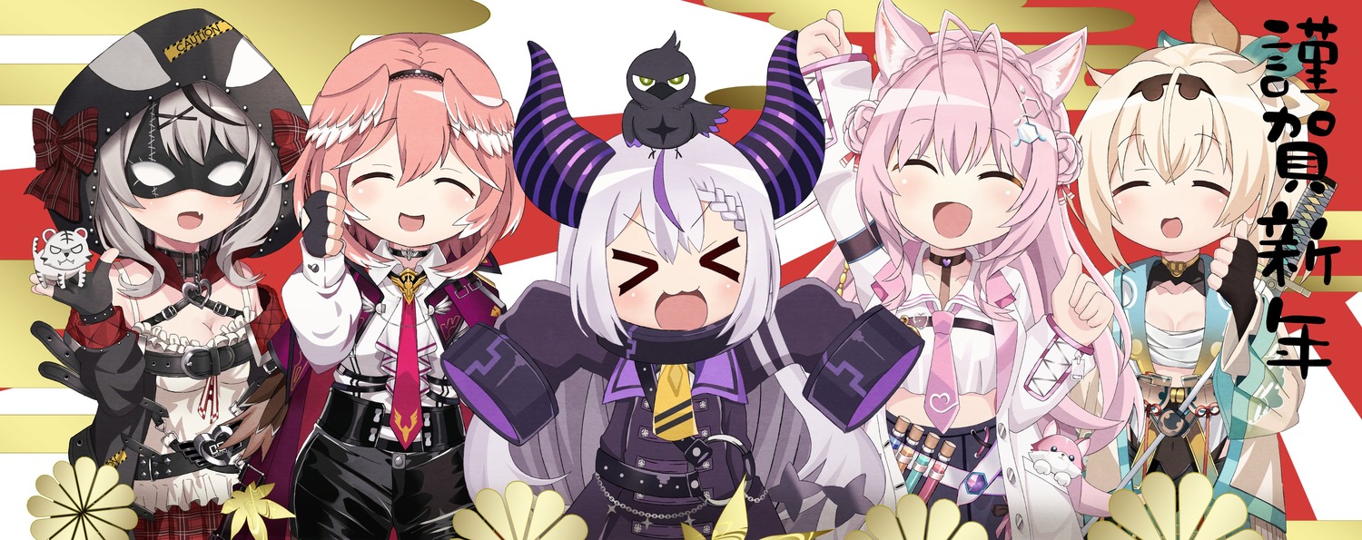 animal_ears cabbage_man chibi crow_(la+_darkness) devil dress hakui_koyori hololive horns japanese_clothes kazama_iroha la+_darknesss open_shirt sakamata_chloe sarashi takane_lui uniform wings