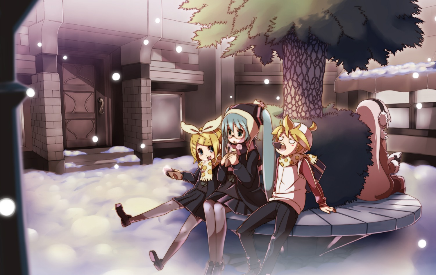 hajime-ill-1st hatsune_miku kagamine_len kagamine_rin landscape megane megurine_luka pantyhose vocaloid