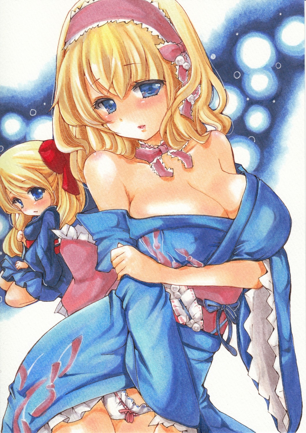 alice_margatroid cleavage no_bra open_shirt pantsu paper_texture shanghai_doll skirt_lift touhou undressing yukata yurun