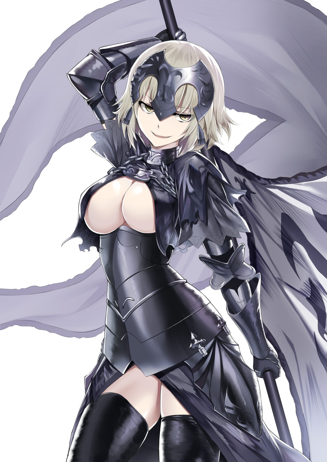 armor breasts cleavage fate/grand_order heirou jeanne_d'arc jeanne_d'arc_(alter)_(fate) no_bra thighhighs weapon
