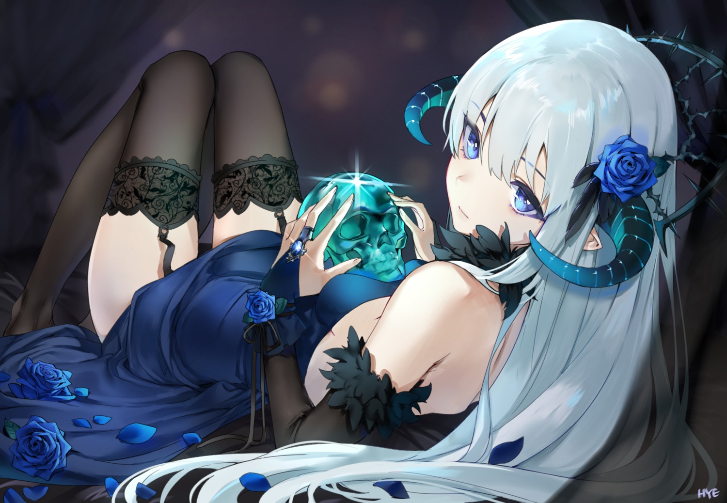 dress hieung horns pointy_ears skirt_lift stockings thighhighs