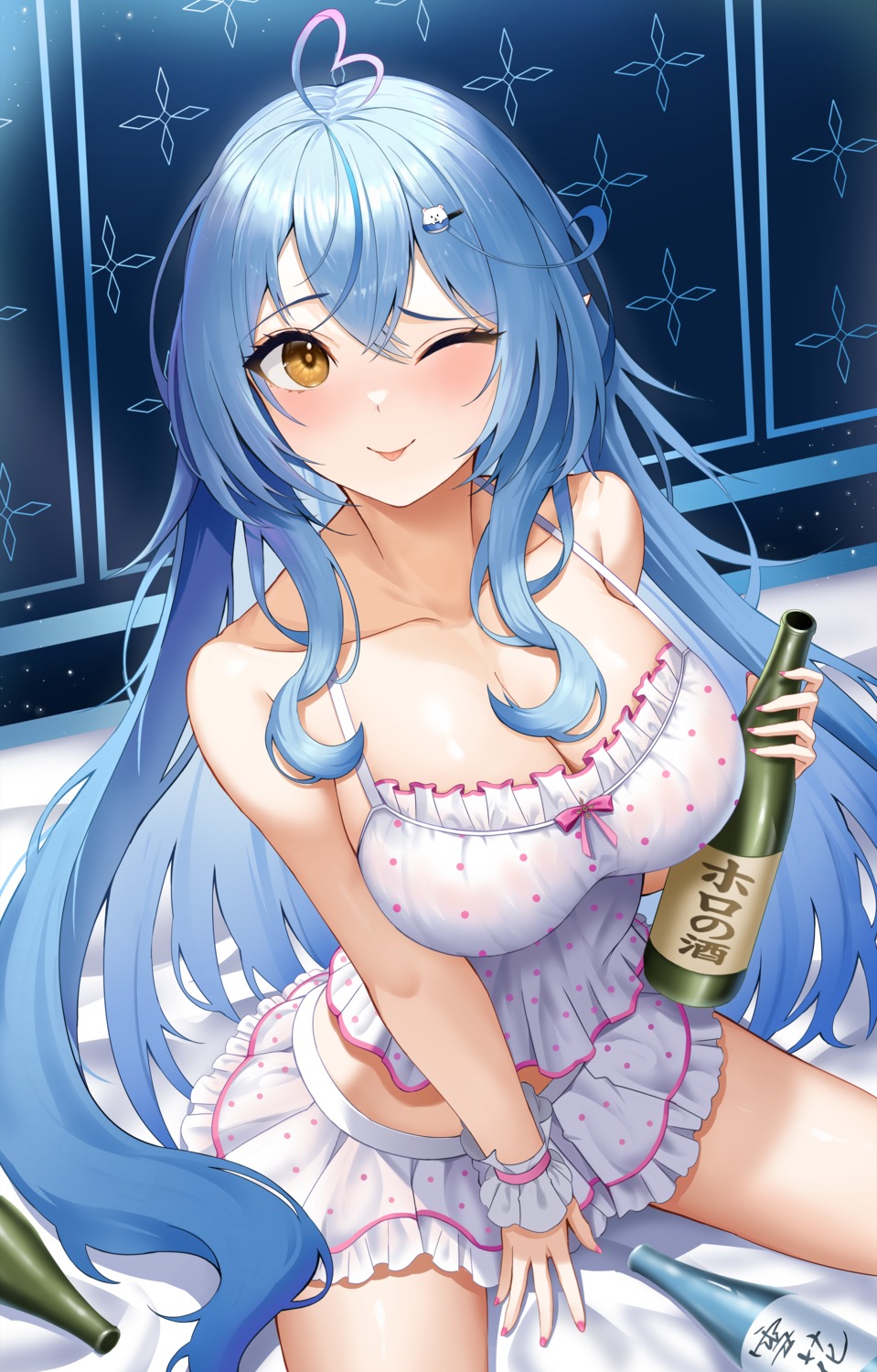 elf hololive lingerie pointy_ears roina_(effj7473) sake see_through yukihana_lamy