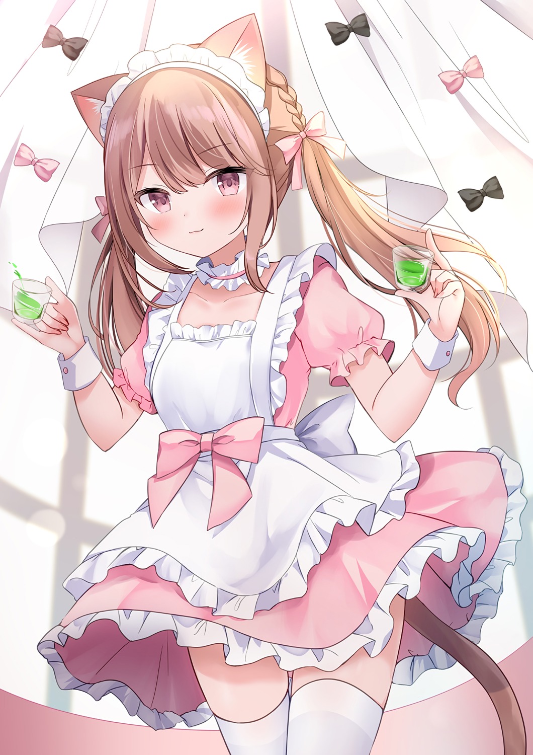 animal_ears maid nekomimi skirt_lift tail thighhighs upscaled yuimisu