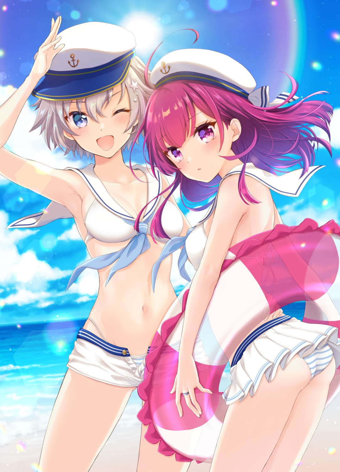 ass bikini chiwa_(chiwawanwan1206) cleavage magia_record:_mahou_shoujo_madoka_magica_gaiden mahou_shoujo_madoka_magica shinobu_akira_(madomagi) skirt_lift swimsuits tokiwa_nanaka