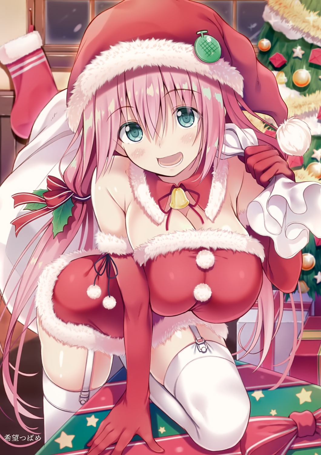 breast_hold christmas cleavage dress nozomi_tsubame stockings thighhighs