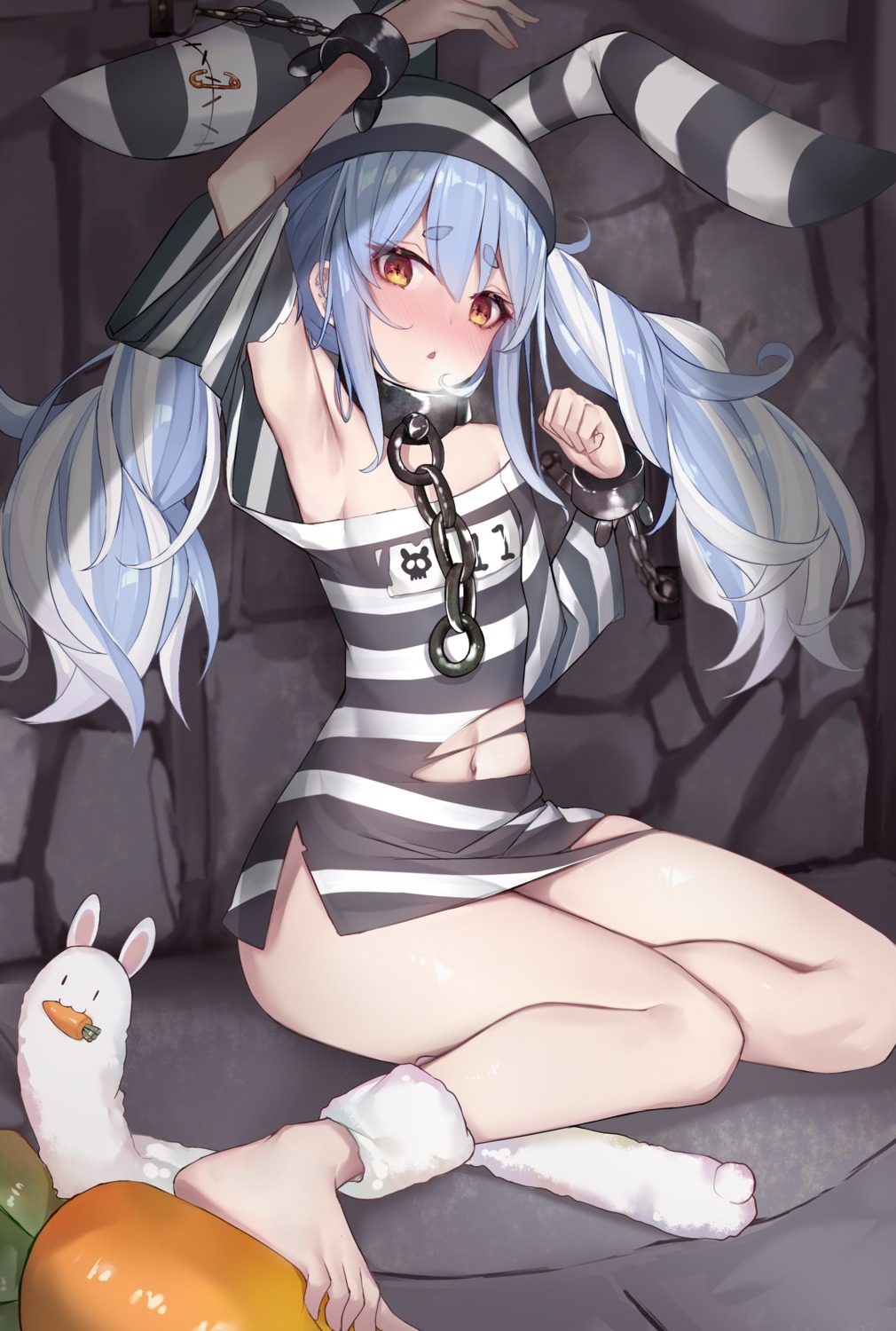 animal_ears bondage bunny_ears hololive no_bra sherryqq torn_clothes usada_pekora