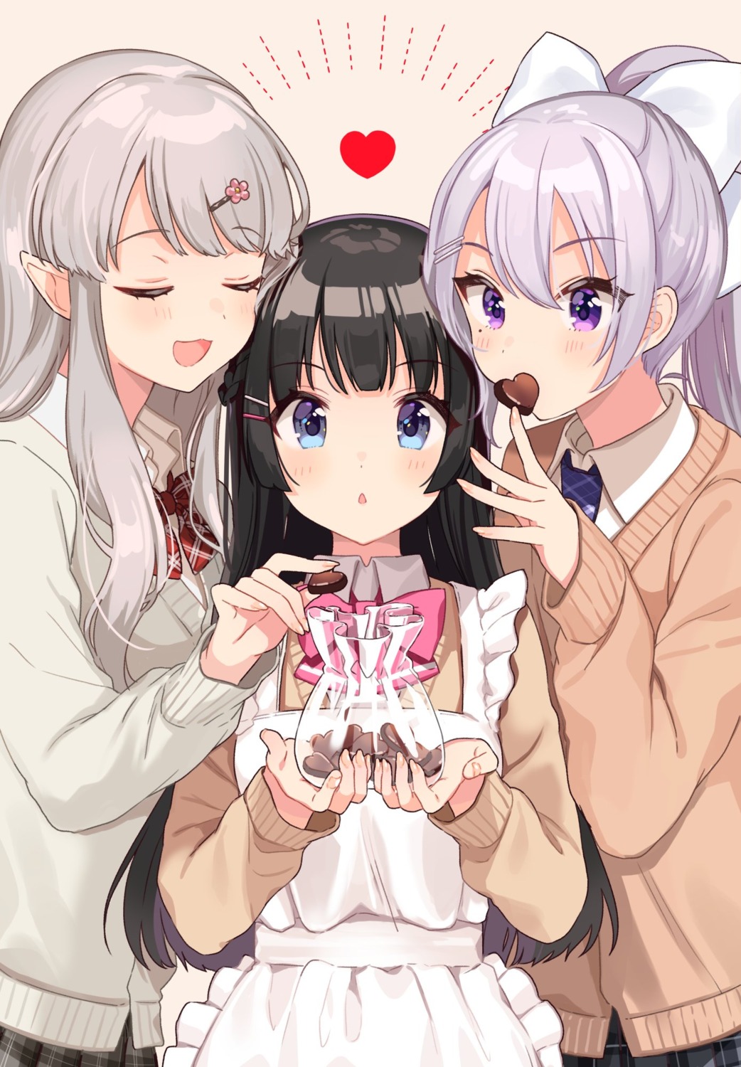 elu_(nijisanji) higuchi_kaede nijisanji pointy_ears seifuku shigure_ui sweater tsukino_mito valentine