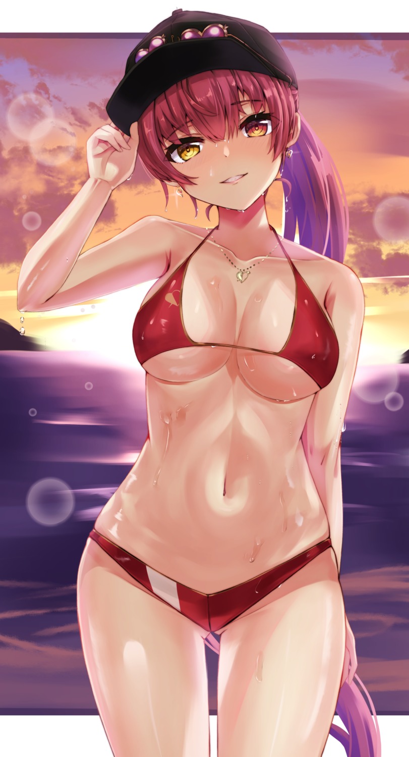 artist_revision bikini erect_nipples heterochromia hololive houshou_marine koisuke megane swimsuits wet