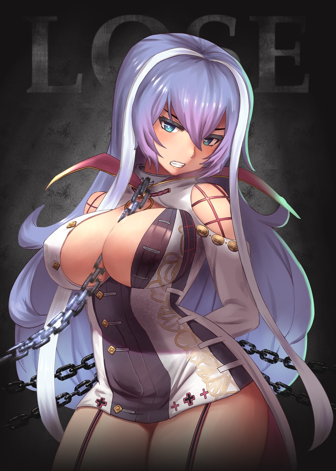 bondage cleavage dakunesu isabelle_(shadowverse) no_bra open_shirt shadowverse