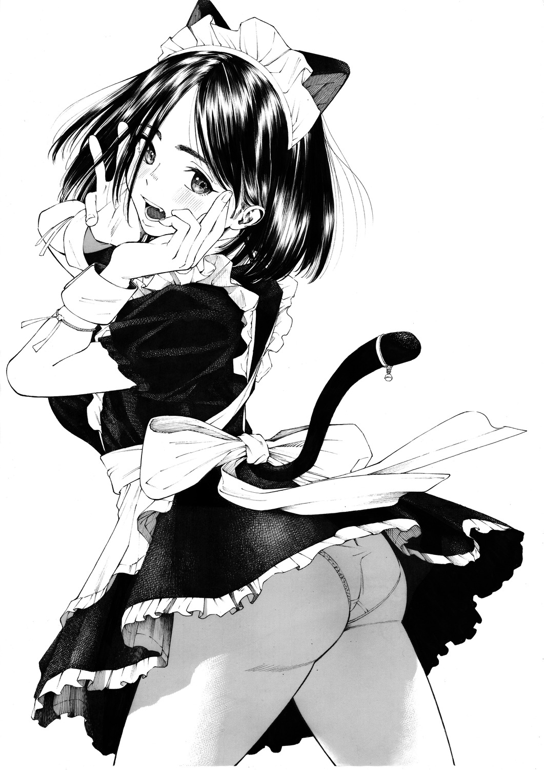 animal_ears ass gagaimo maid monochrome nekomimi pantsu skirt_lift tail thong