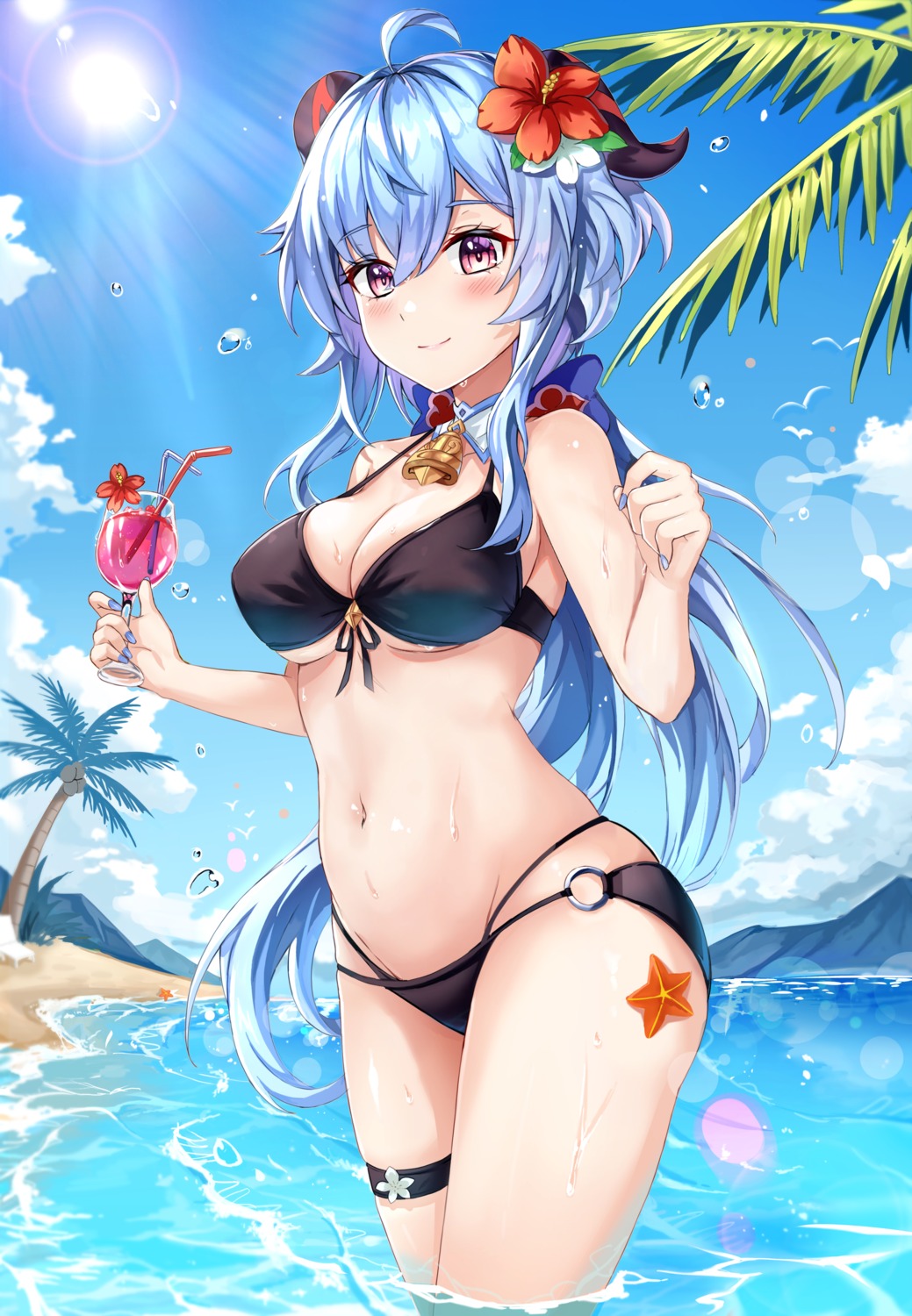 bikini ganyu garter genshin_impact horns neon_(hhs9444) swimsuits wet