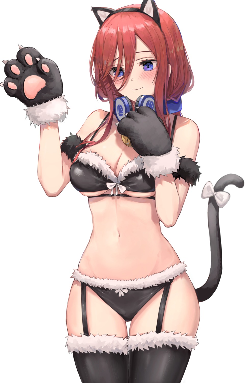 5-toubun_no_hanayome animal_ears bra headphones nakano_miku nekomimi pantsu pigone stockings tail thighhighs