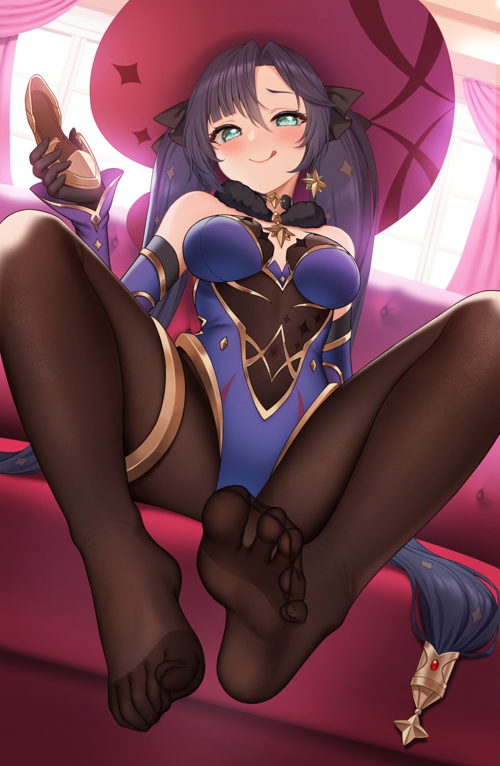 feet fukuro_ko_(greentea) garter genshin_impact leotard mona_megistus no_bra pantyhose witch