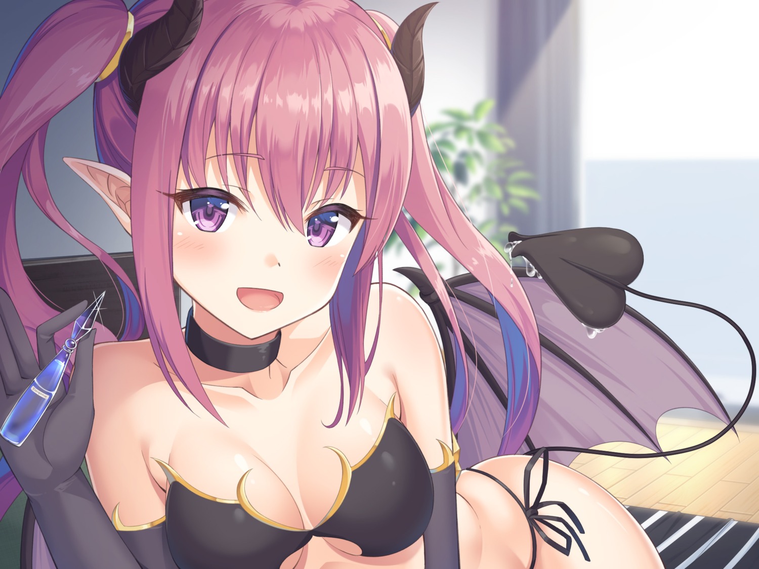 bikini_armor cleavage cream devil horns pantsu pointy_ears string_panties super_nagoyaka tail whisp wings