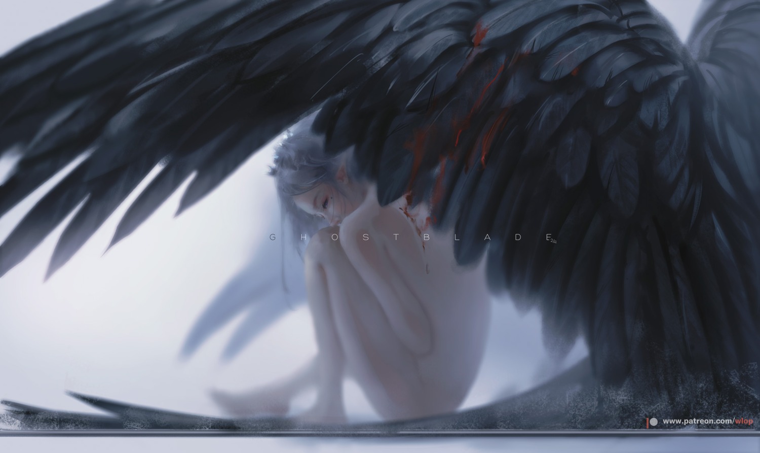 blood ghostblade naked pointy_ears wings wlop