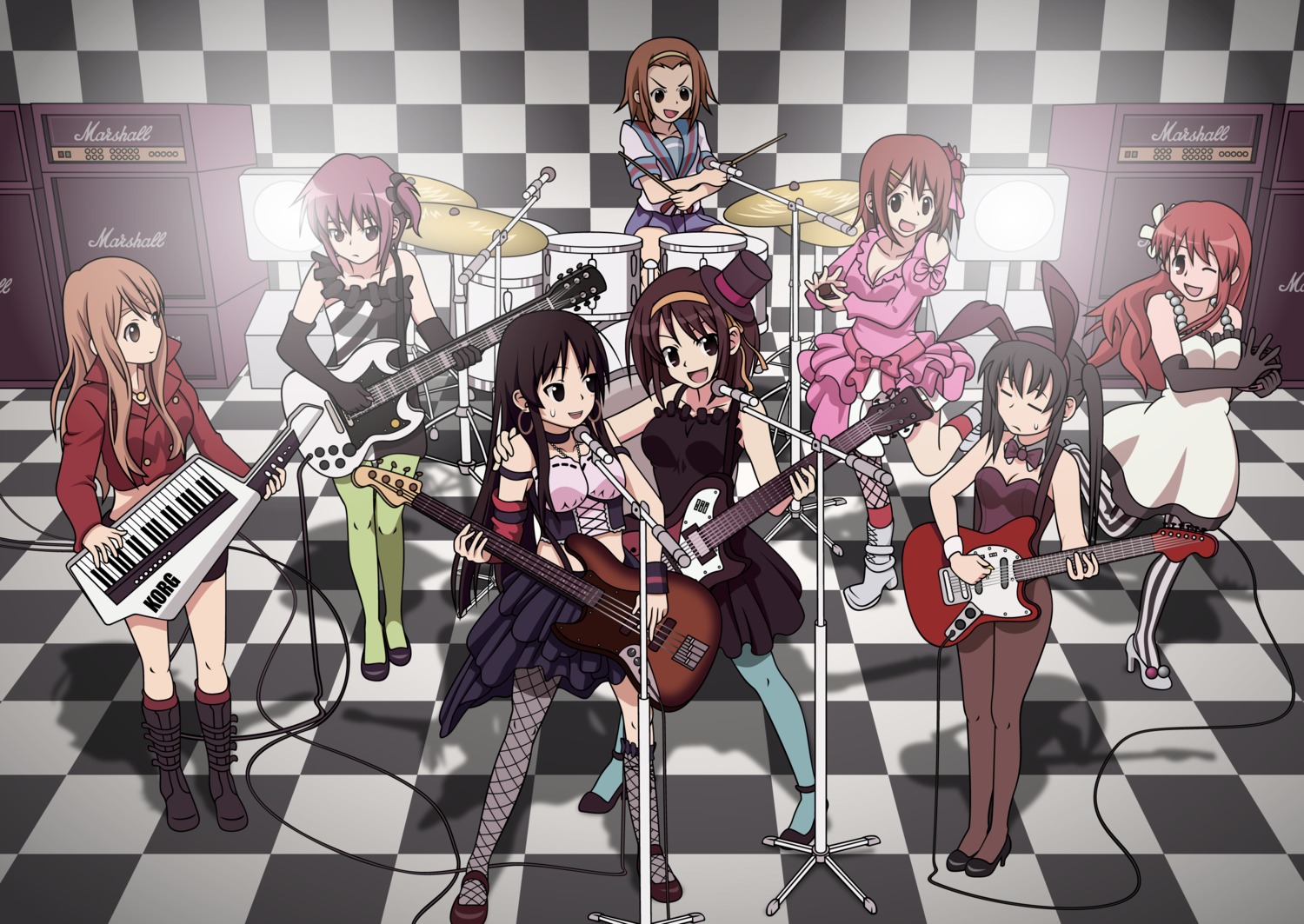 akiyama_mio animal_ears asahina_mikuru bunny_ears bunny_girl crossover dress fishnets guitar hirasawa_yui k-on! kotobuki_tsumugi mg42 nagato_yuki nakano_azusa pantyhose seifuku suzumiya_haruhi suzumiya_haruhi_no_yuuutsu tainaka_ritsu