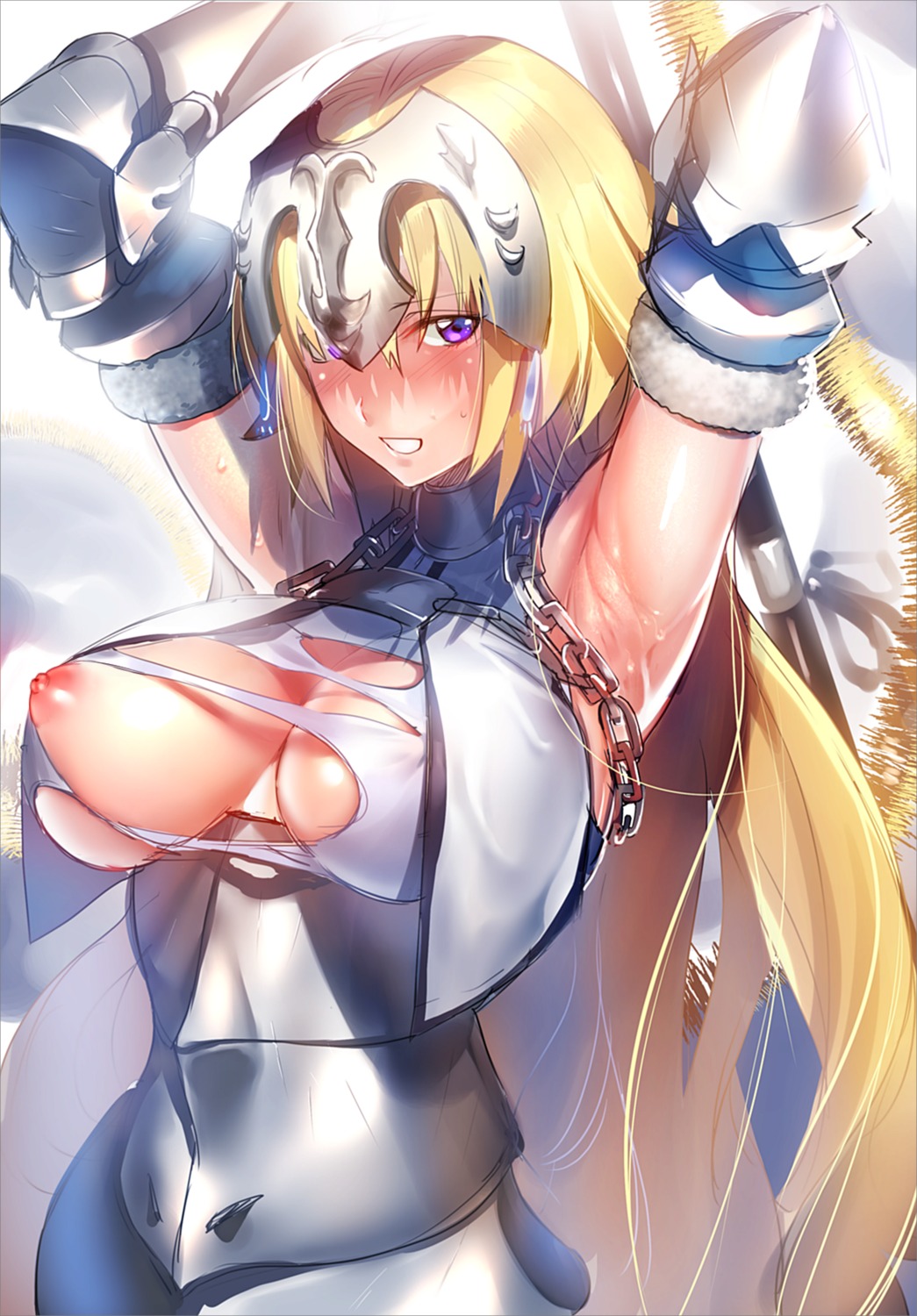 armor breasts fate/apocrypha fate/stay_night jeanne_d'arc jeanne_d'arc_(fate) kurumiya_hato nipples no_bra open_shirt torn_clothes weapon wet