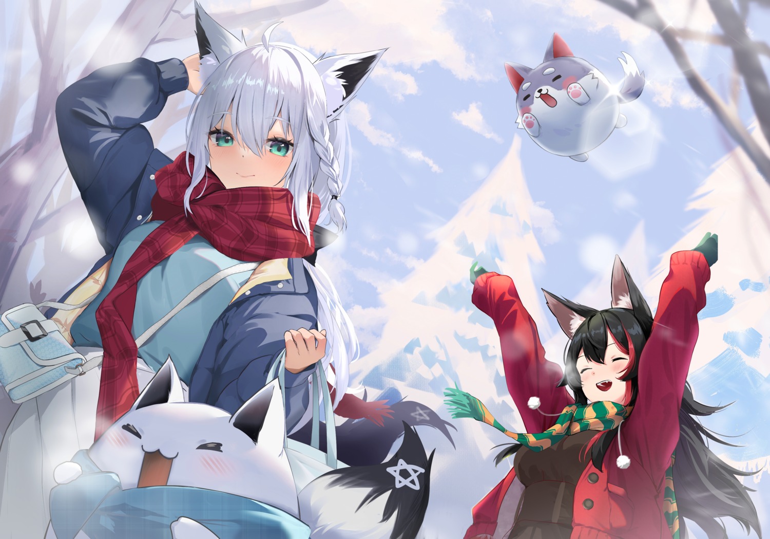 animal_ears hololive hololive_gamers kitsune miaohik ookami_mio shirakami_fubuki sweater tail