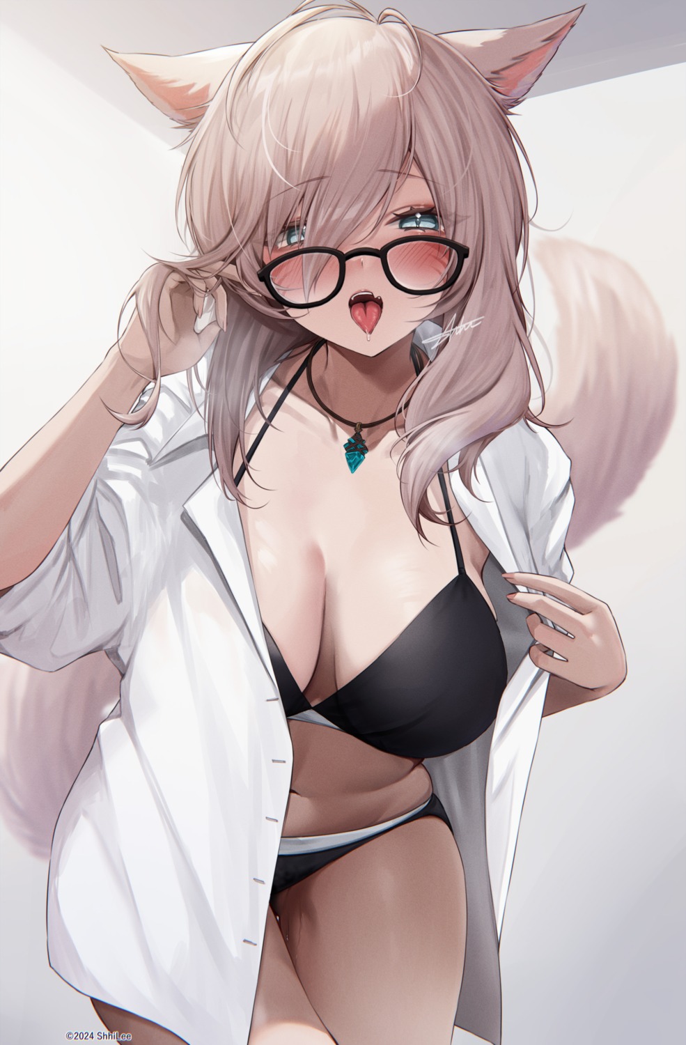 animal_ears bra dress_shirt megane open_shirt pantsu shhilee tail undressing