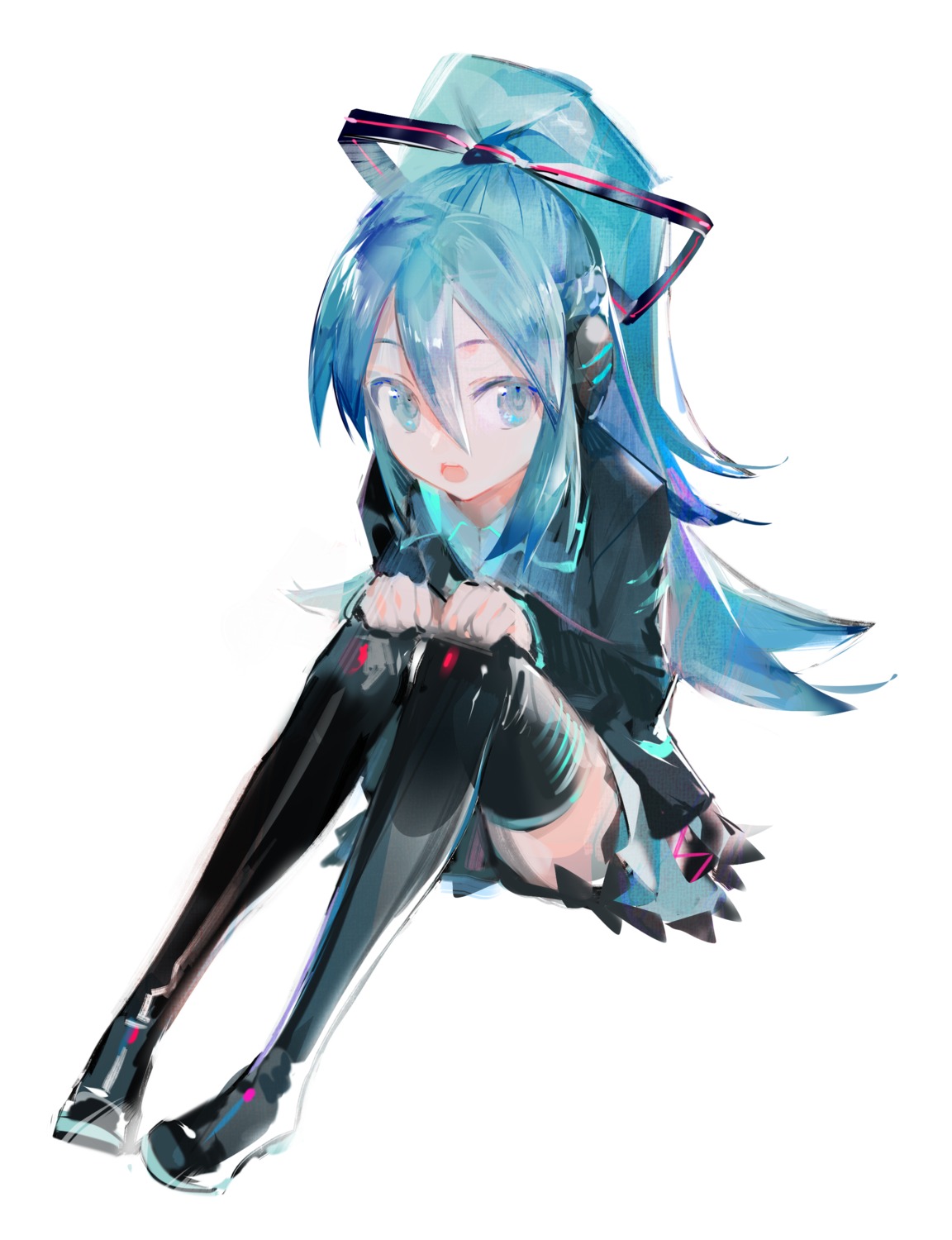 hatsune_miku headphones skirt_lift thighhighs vocaloid yyb