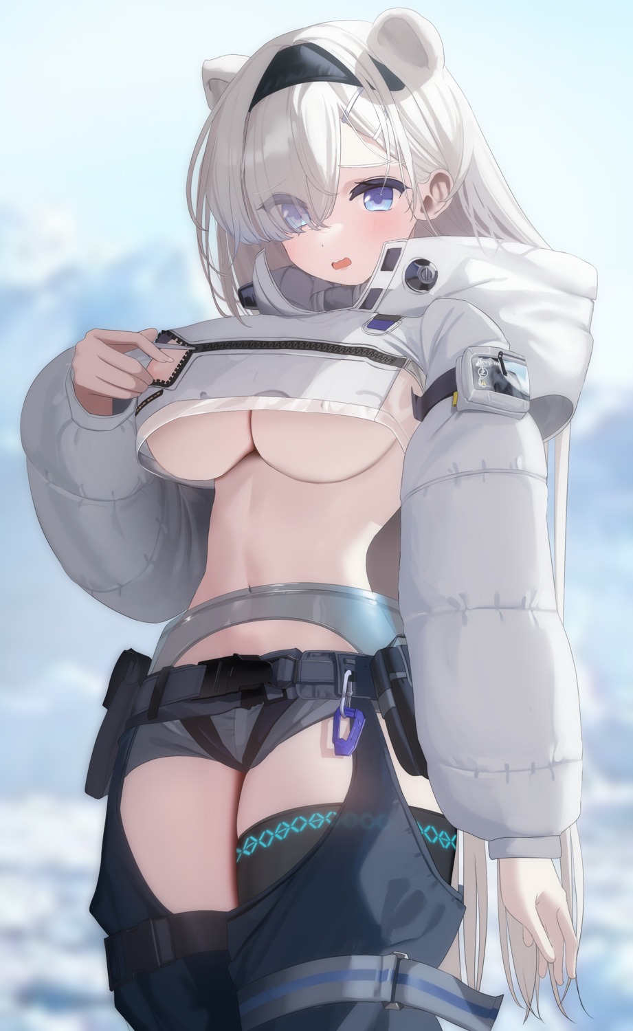 animal_ears arknights aurora_(arknights) nicorima no_bra thighhighs underboob undressing