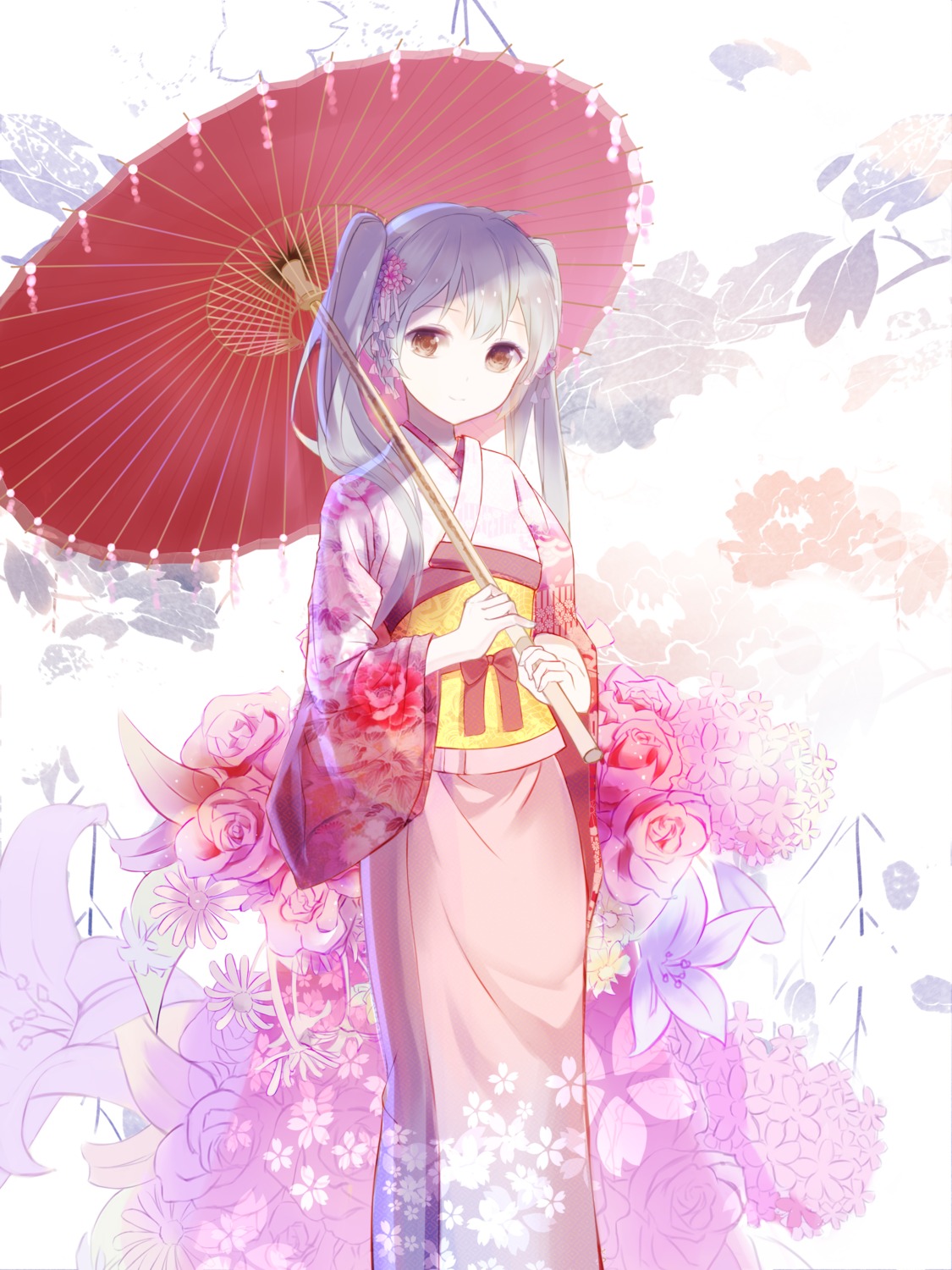 hatsune_miku kimono red_flowers umbrella vocaloid