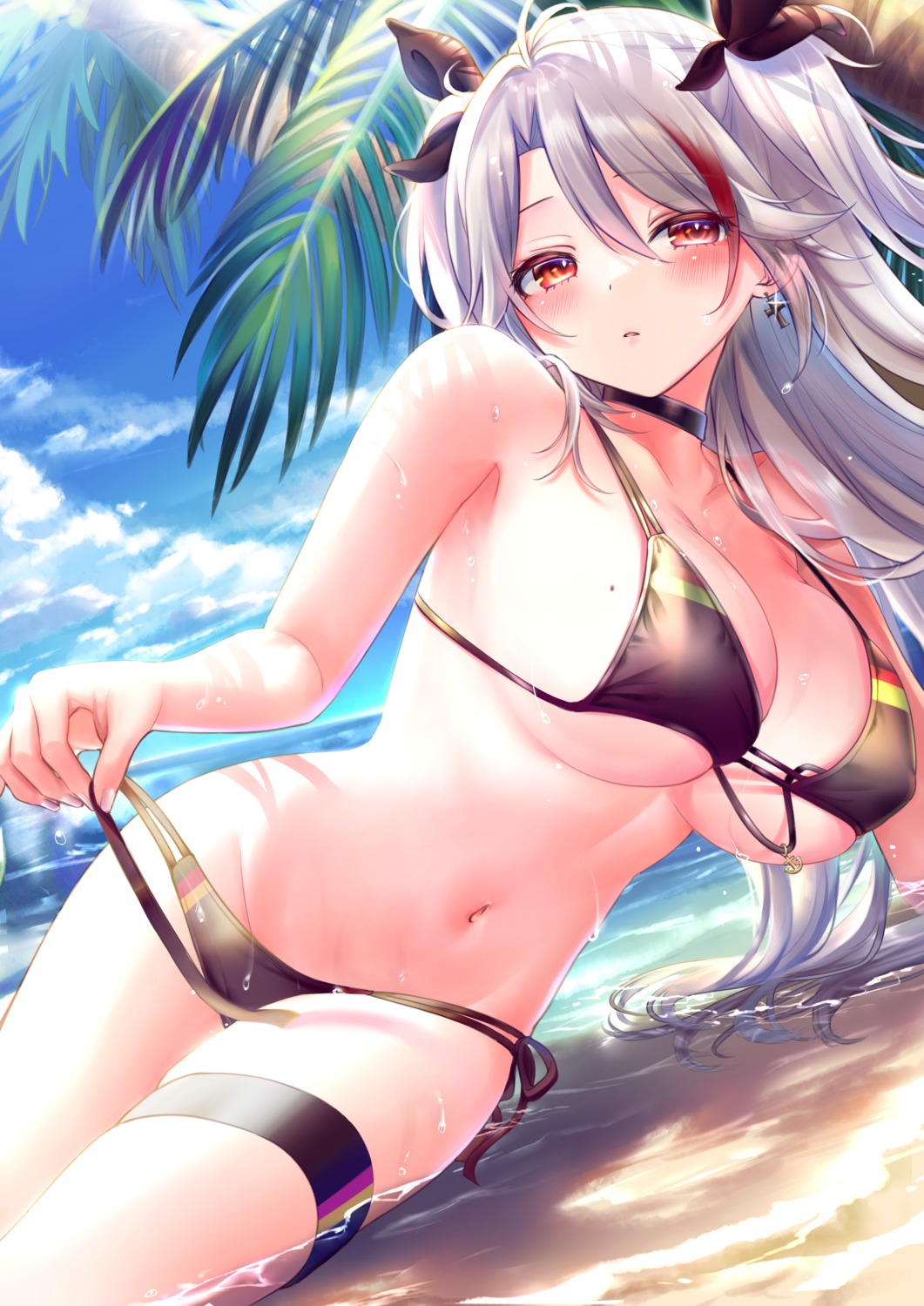 azur_lane bikini erect_nipples garter panty_pull pontaro prinz_eugen_(azur_lane) swimsuits undressing wet