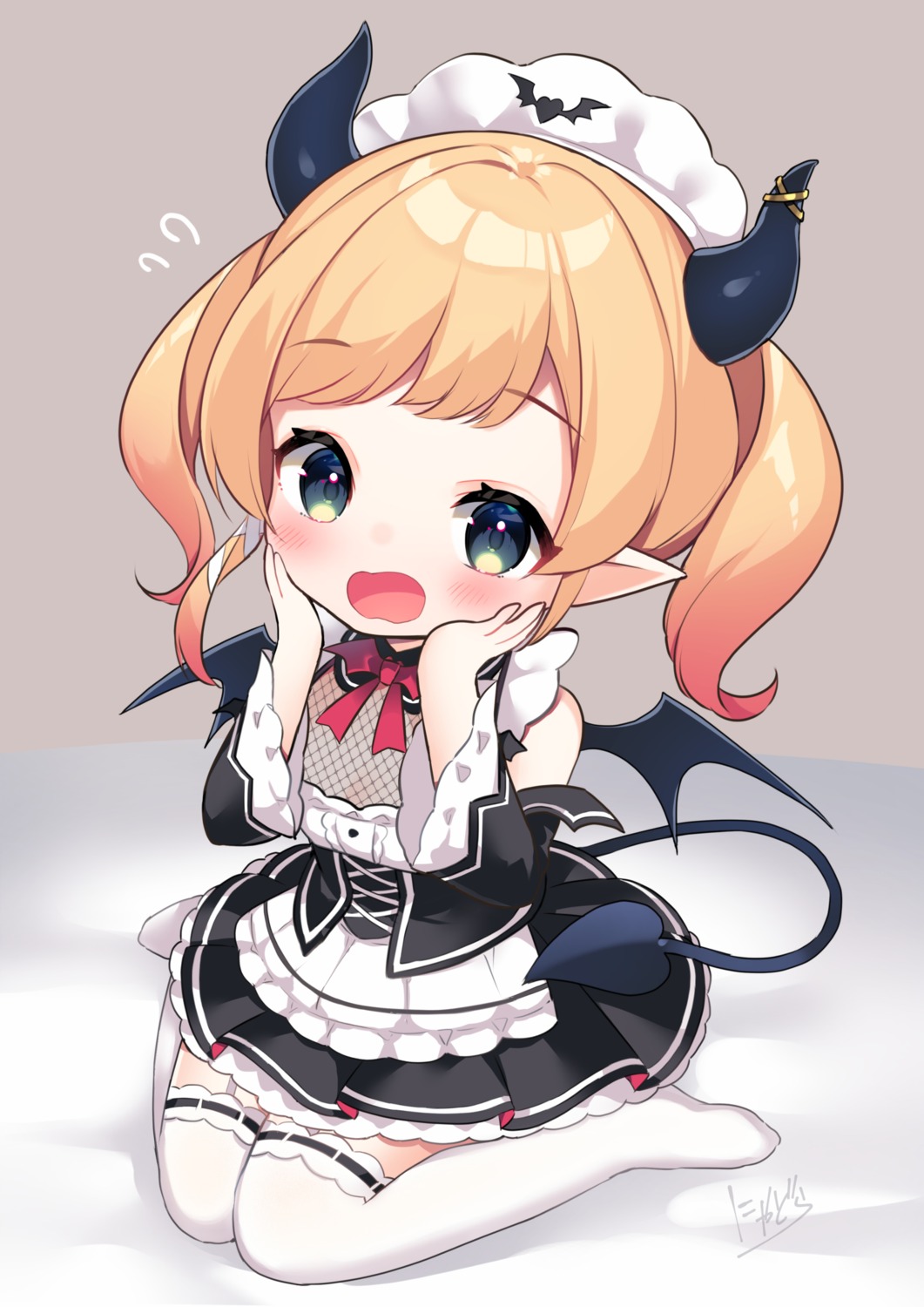 chibi fishnets horns maid nyasunyadoora pointy_ears stockings tail thighhighs wings