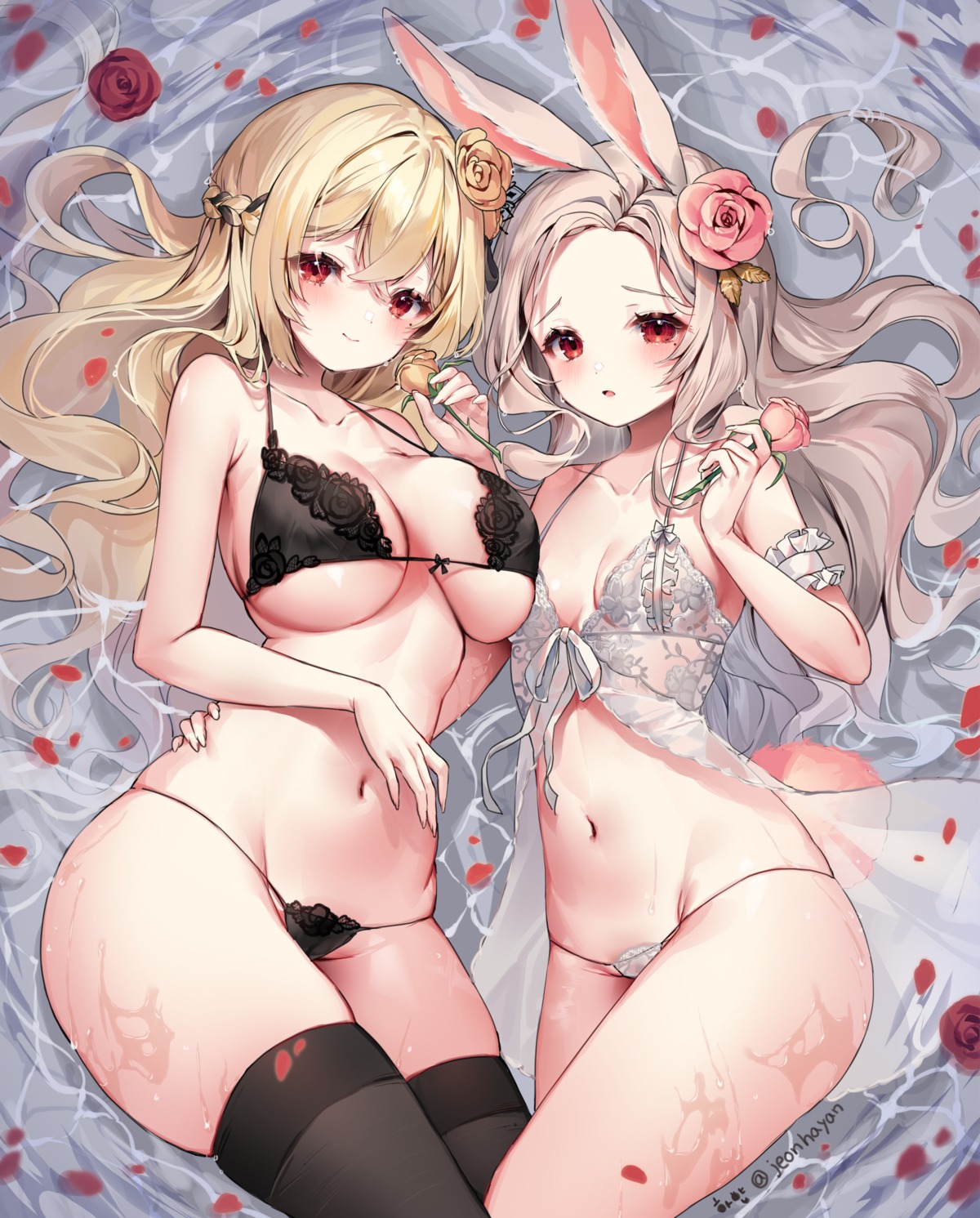 animal_ears bra bunny_ears cream_(cream) lingerie pantsu ryu_aram see_through shiro_albino tail thighhighs thong wet