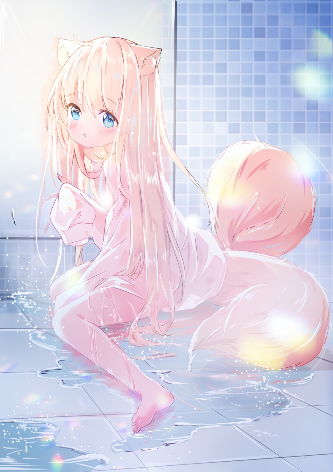 animal_ears loli no_bra peas_(peas0125) see_through tail wet