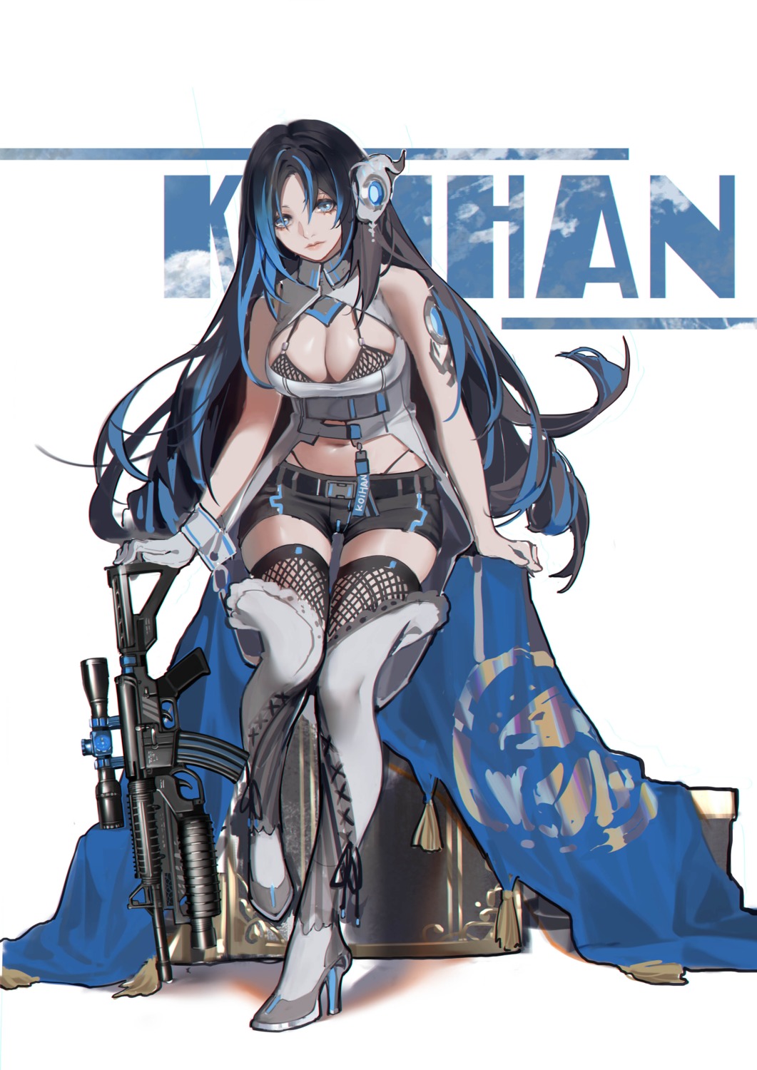 bra fishnets gun heels koi_han pantsu tattoo thighhighs