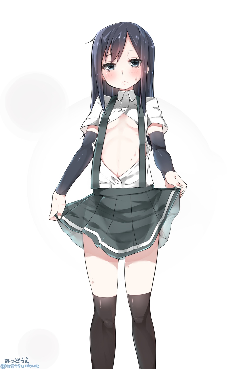 asashio_(kancolle) kantai_collection loli mitsudoue no_bra open_shirt seifuku skirt_lift thighhighs