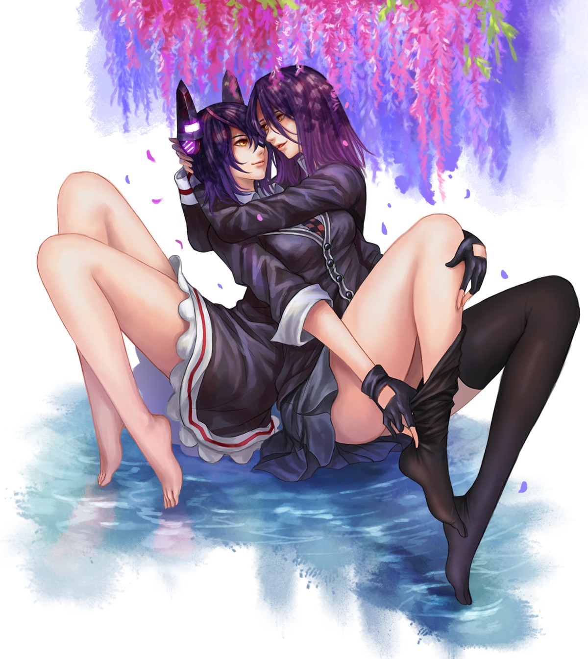 eyepatch kacyu kantai_collection nopan tatsuta_(kancolle) tenryuu_(kancolle) thighhighs undressing yuri