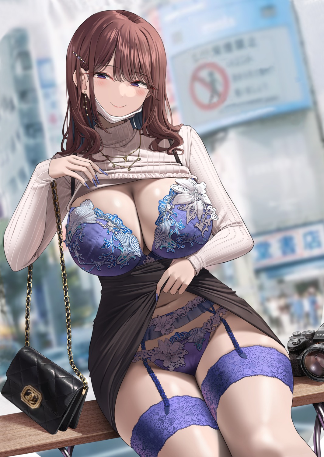 bra cameltoe detexted garter garter_belt kuse_(0201) pantsu shirt_lift skirt_lift sweater undressing