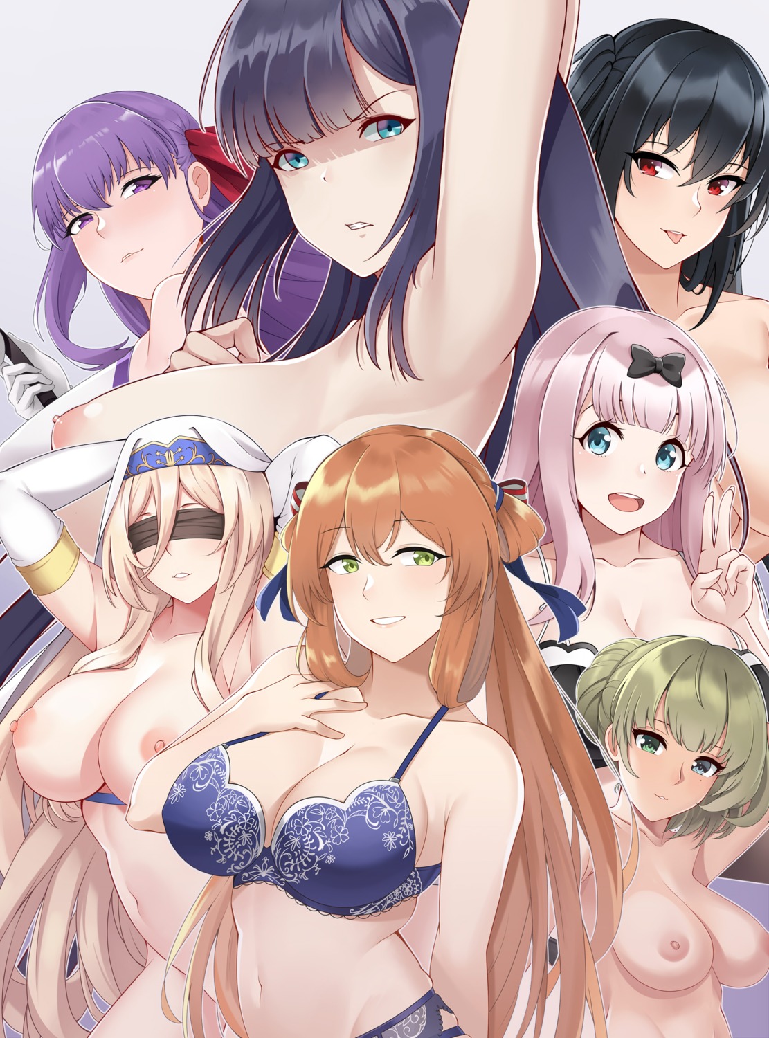 aslindsamure azur_lane bb_(fate/extra_ccc) bra breast_hold crossover fate/grand_order fujiwara_chika garter_belt girls_frontline goblin_slayer heterochromia kaguya-sama_wa_kokurasetai_~tensai-tachi_no_renai_zunousen~ lingerie naked nipples pantsu springfield_(girls_frontline) sword_maiden taihou_(azur_lane) takagaki_kaede the_idolm@ster the_idolm@ster_cinderella_girls topless