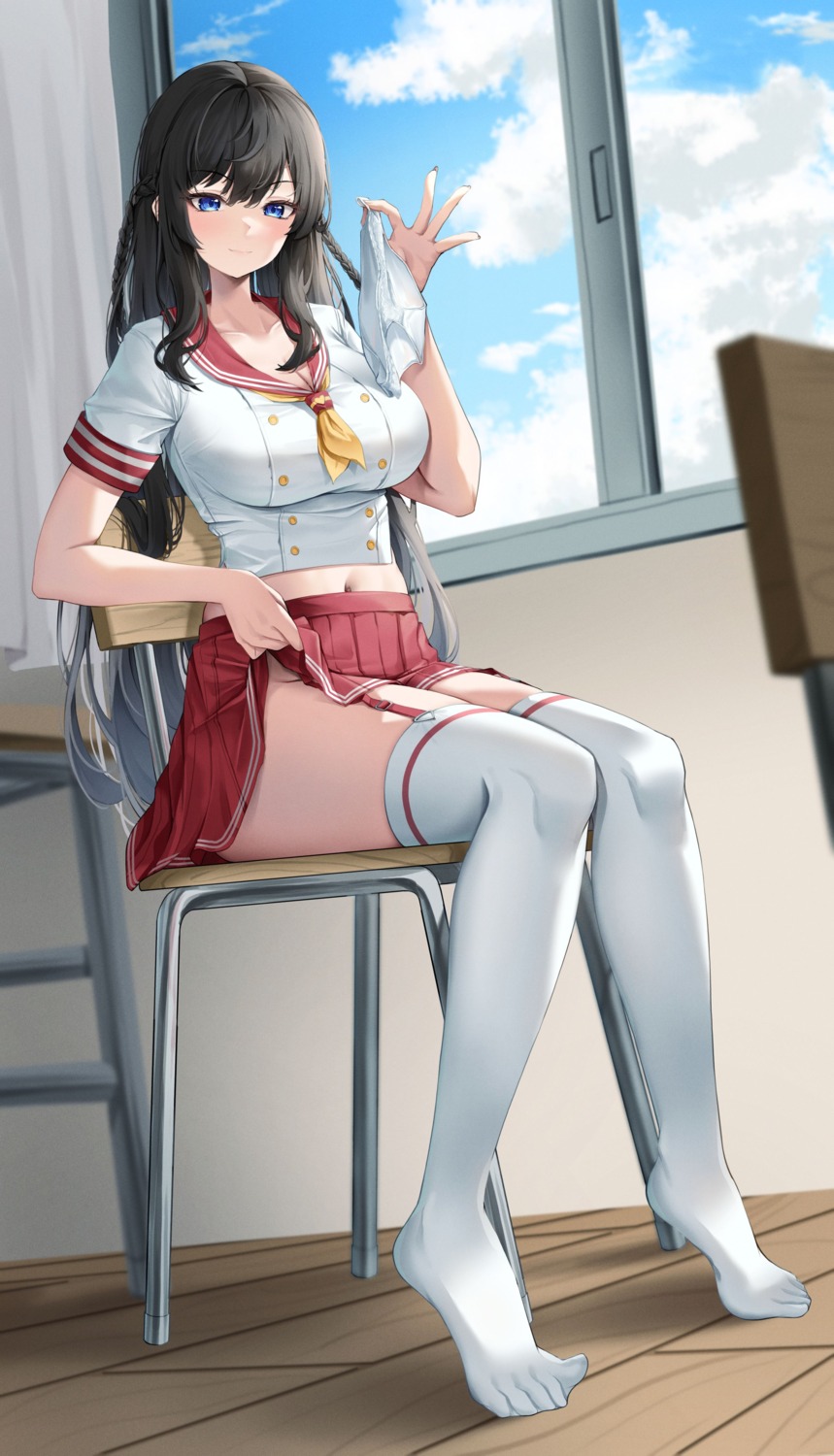 cleavage lochi's_character nopan pantsu seifuku skirt_lift stockings thighhighs yn_6262