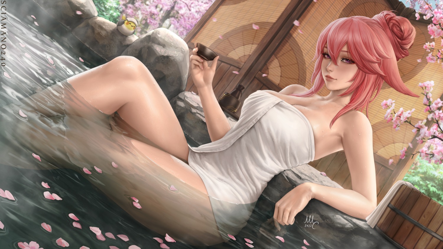 animal_ears bathing genshin_impact mirco_cabbia naked onsen sake towel wet yae_miko