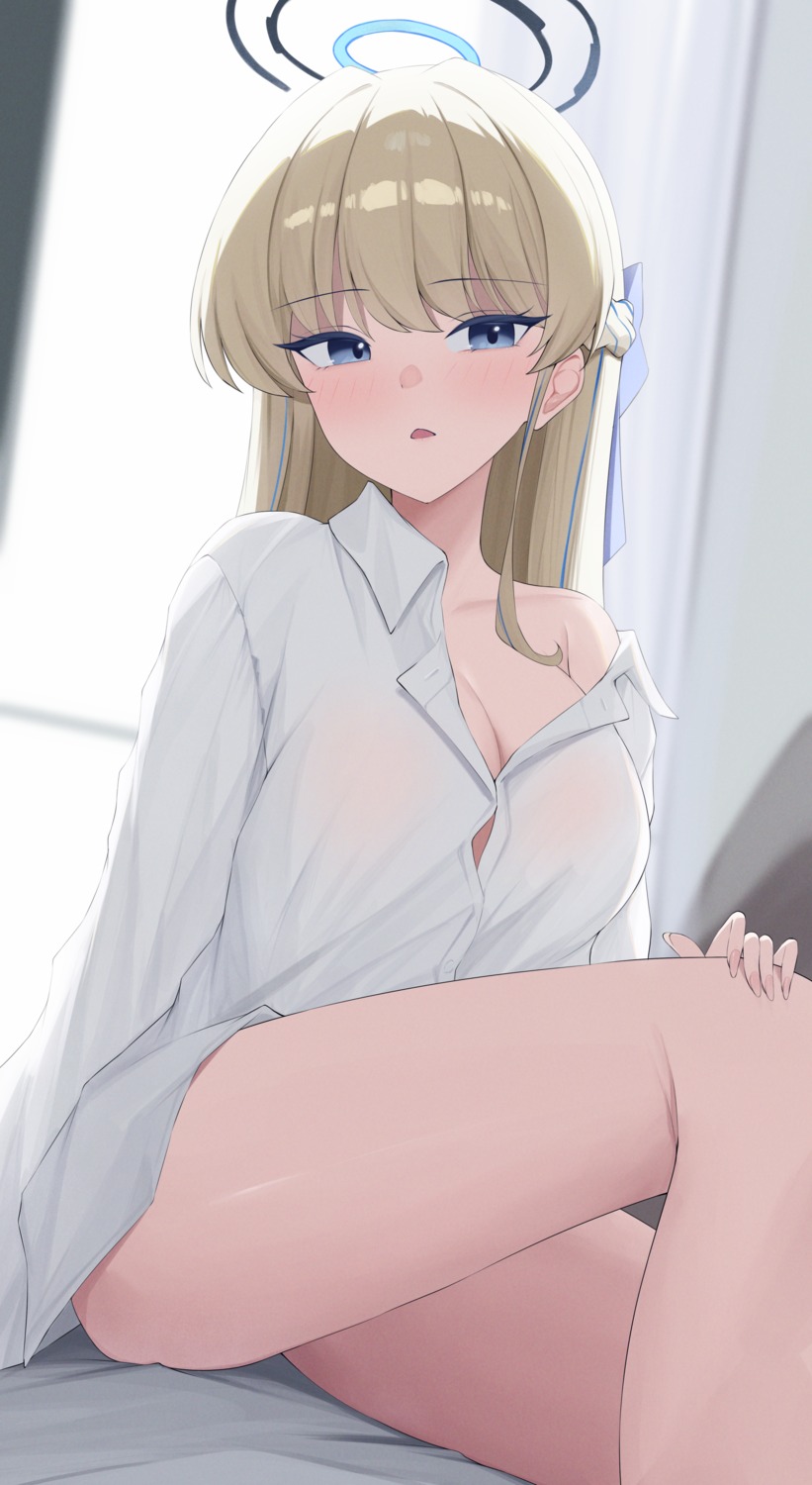 asuma_toki blue_archive dress_shirt halo no_bra open_shirt see_through sei_(0724sei6)