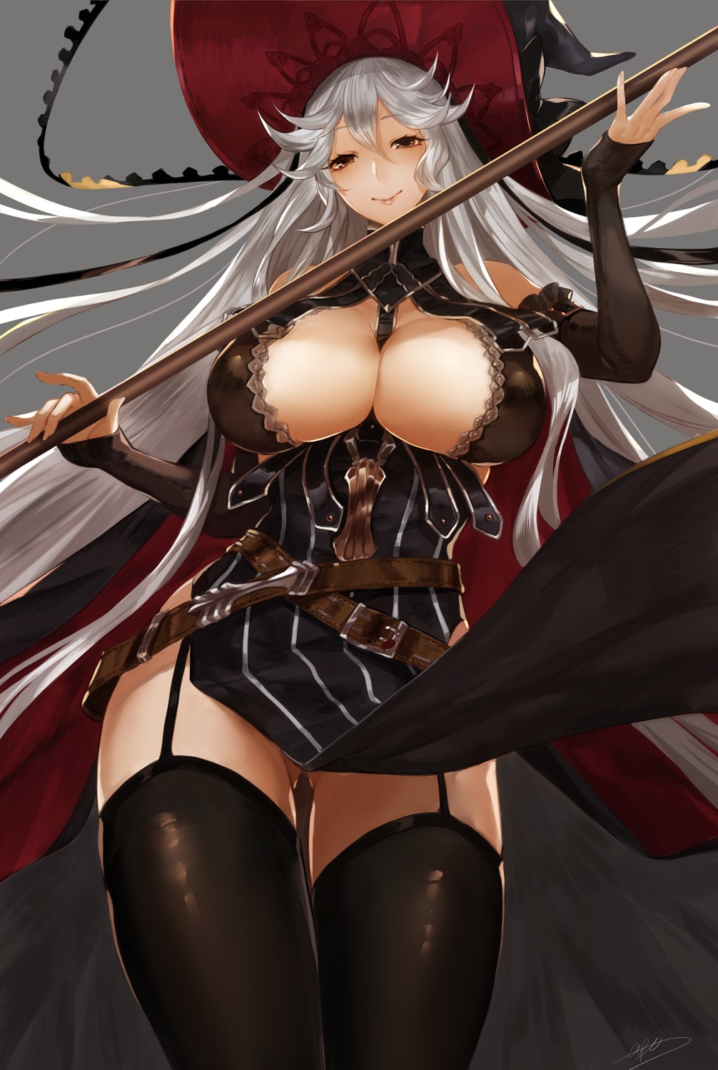 apt cleavage erect_nipples granblue_fantasy magisa_(granblue_fantasy) no_bra shadowverse skirt_lift stockings thighhighs witch