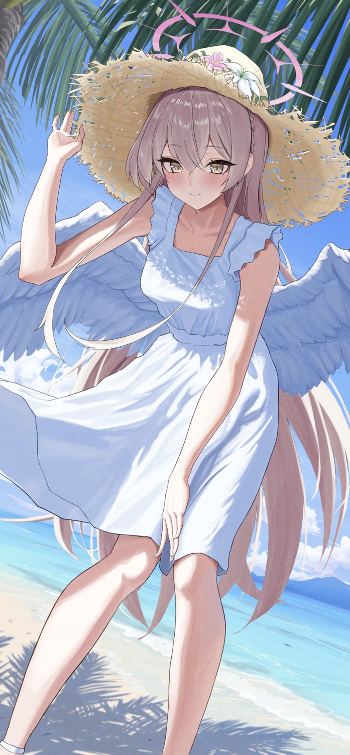 angel blue_archive bocchi_(kuropom7) dress kirifuji_nagisa skirt_lift summer_dress wings