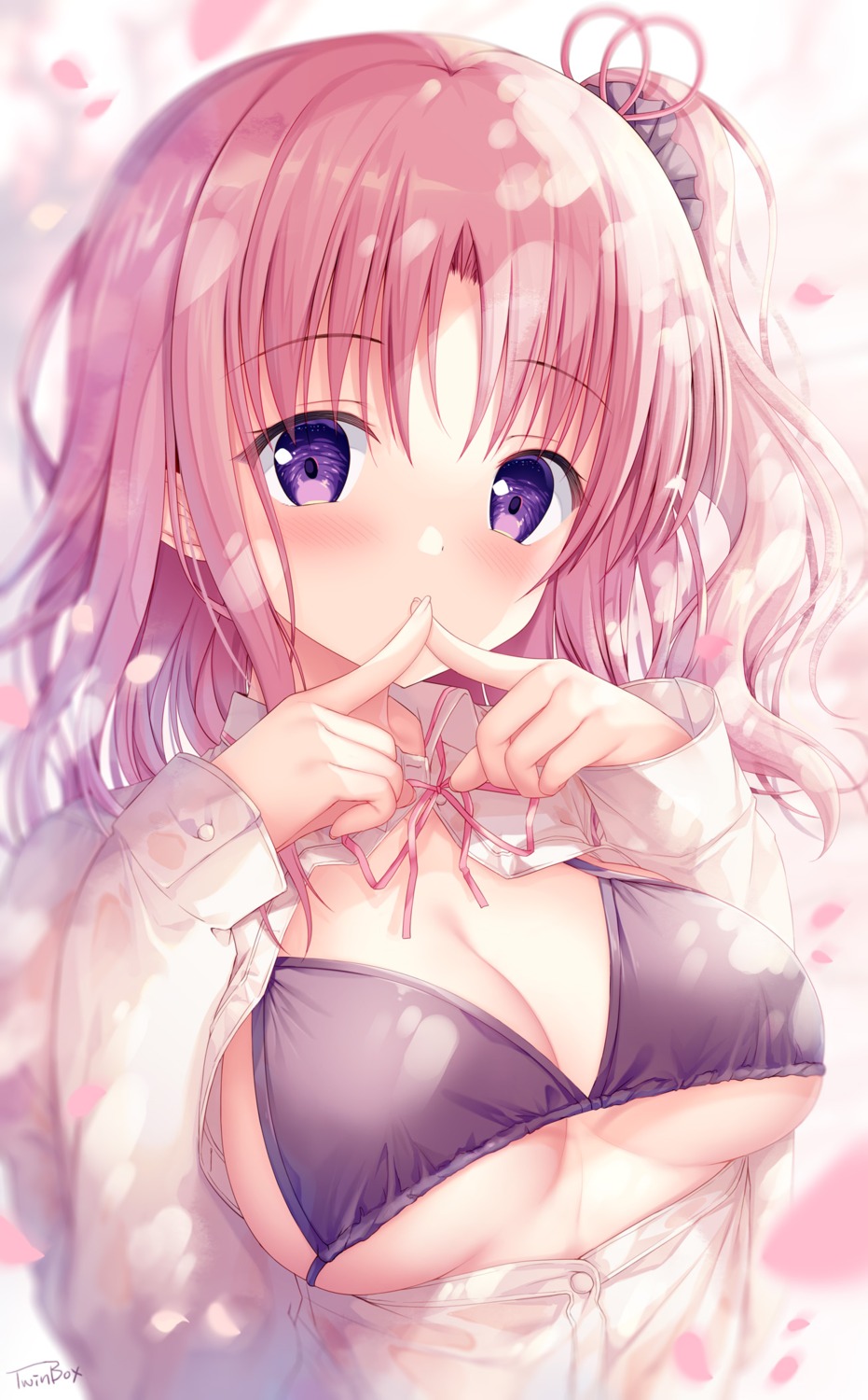 bra breast_hold izumi_kaori_(twinbox) open_shirt seifuku twinbox twinbox_school underboob