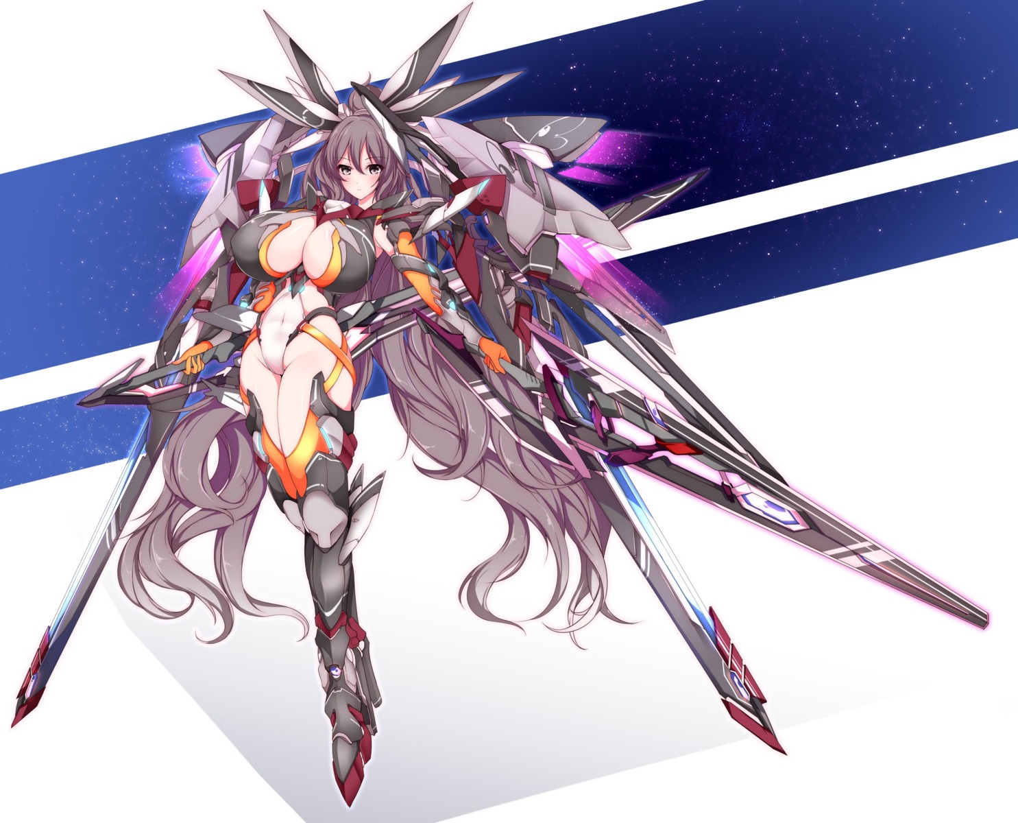 cleavage jpeg_artifacts mecha_musume narumi_cristear_note no_bra sword thighhighs