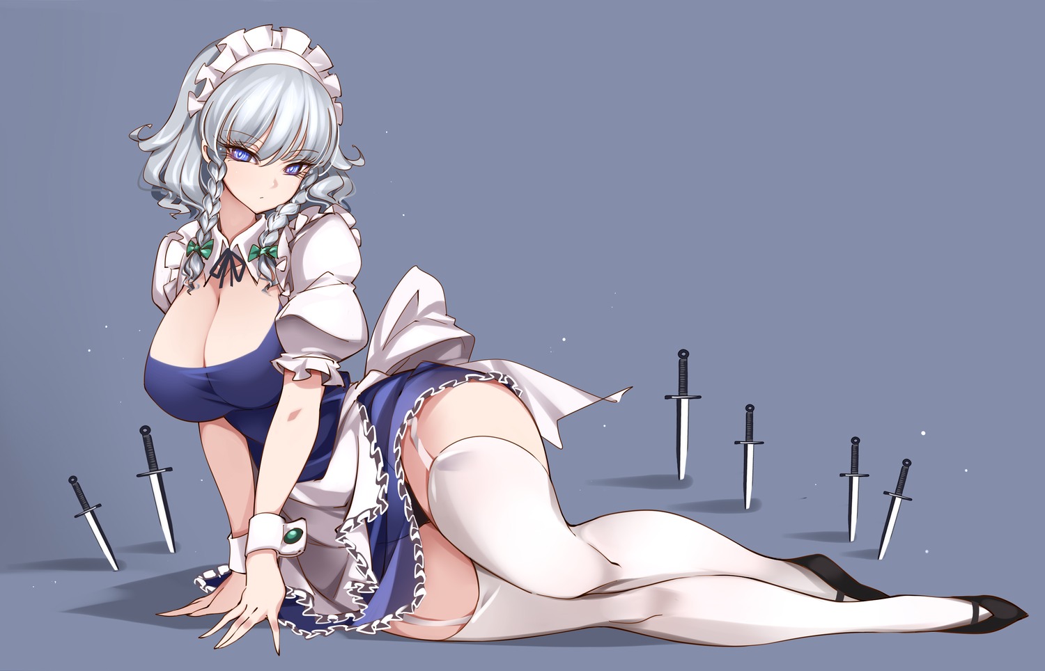 izayoi_sakuya maid no_bra pantsu raptor7 skirt_lift stockings thighhighs touhou weapon