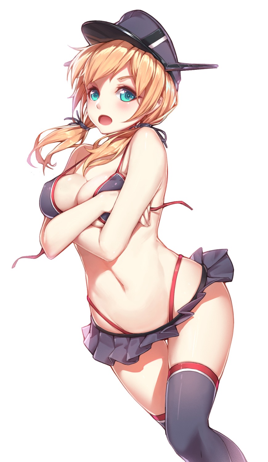 bikini breast_hold cleavage kantai_collection nian prinz_eugen_(kancolle) swimsuits thighhighs wardrobe_malfunction