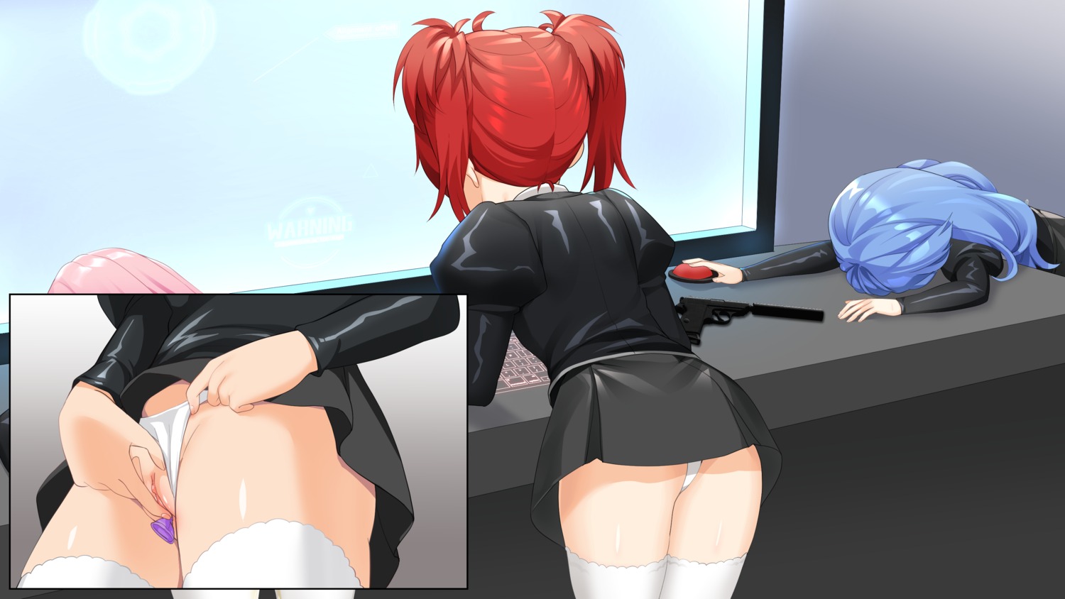 agent_aika aika_(series) ass black_delmo gun m.vv pantsu pussy skirt_lift thighhighs thong uniform vivian_(mvv)